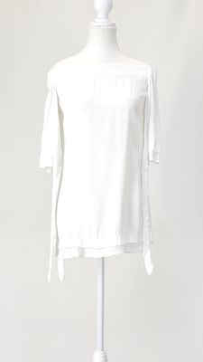 Manning Cartell, White Elasticated Wide Off-Shoulder 1/2 Slv Raw Edge Top W/Shoulder Ties, Size 6