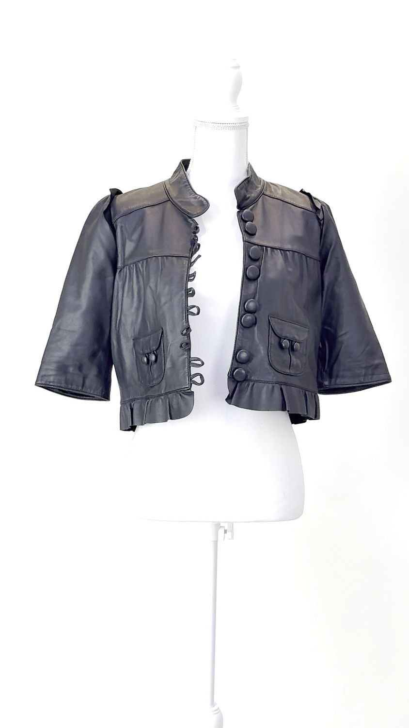 Madison Marcus, Black Loop Button Front Ruffle Trims 1/2 Slv Leather Jacket, Size S