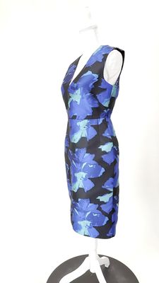 Perri Cutten, Blue/Black/Green V-Neck Floral Brocade S/Less Midi Dress, Size 8