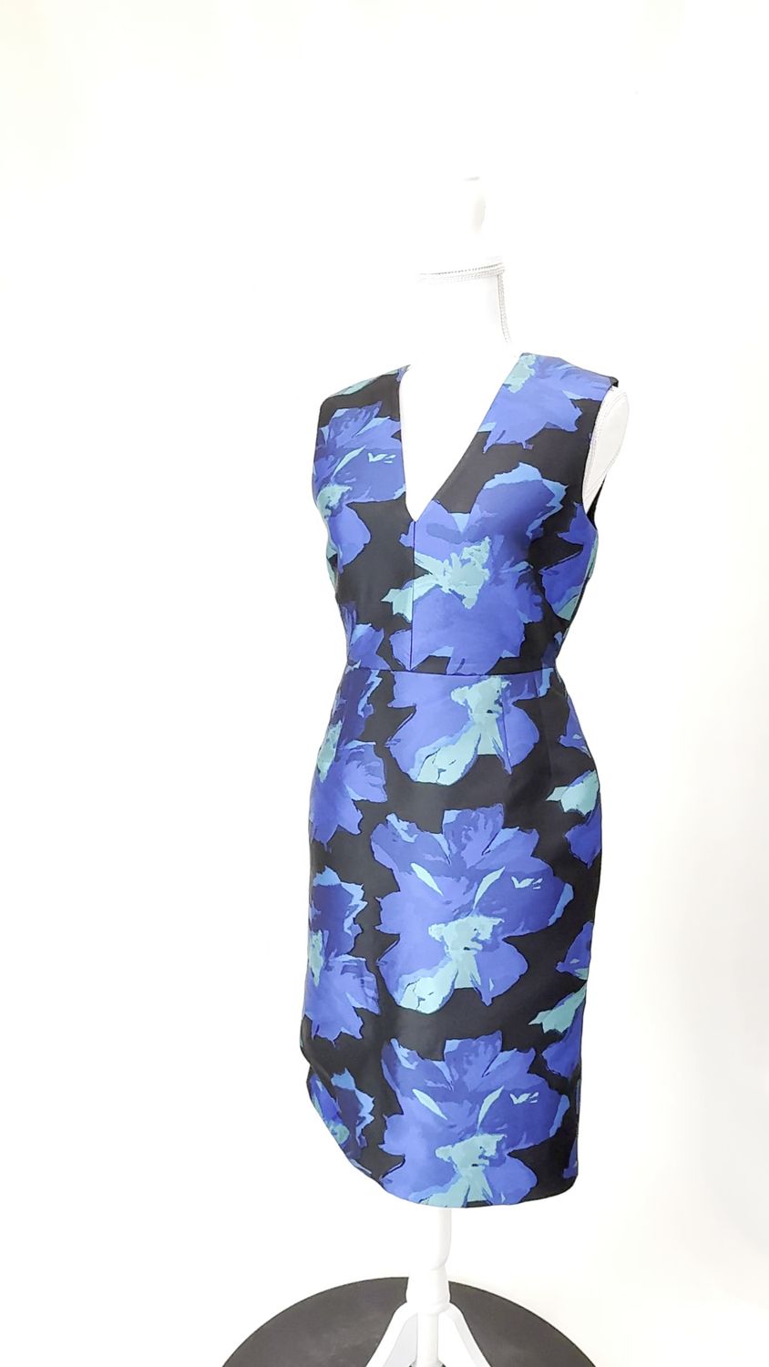 Perri Cutten, Blue/Black/Green V-Neck Floral Brocade S/Less Midi Dress, Size 8