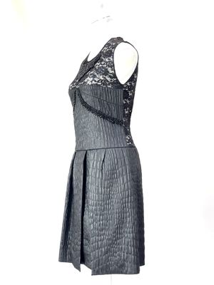 Clements Ribeiro, Black Beaded Textured Panel Pleated S/Less Dress, Size 10