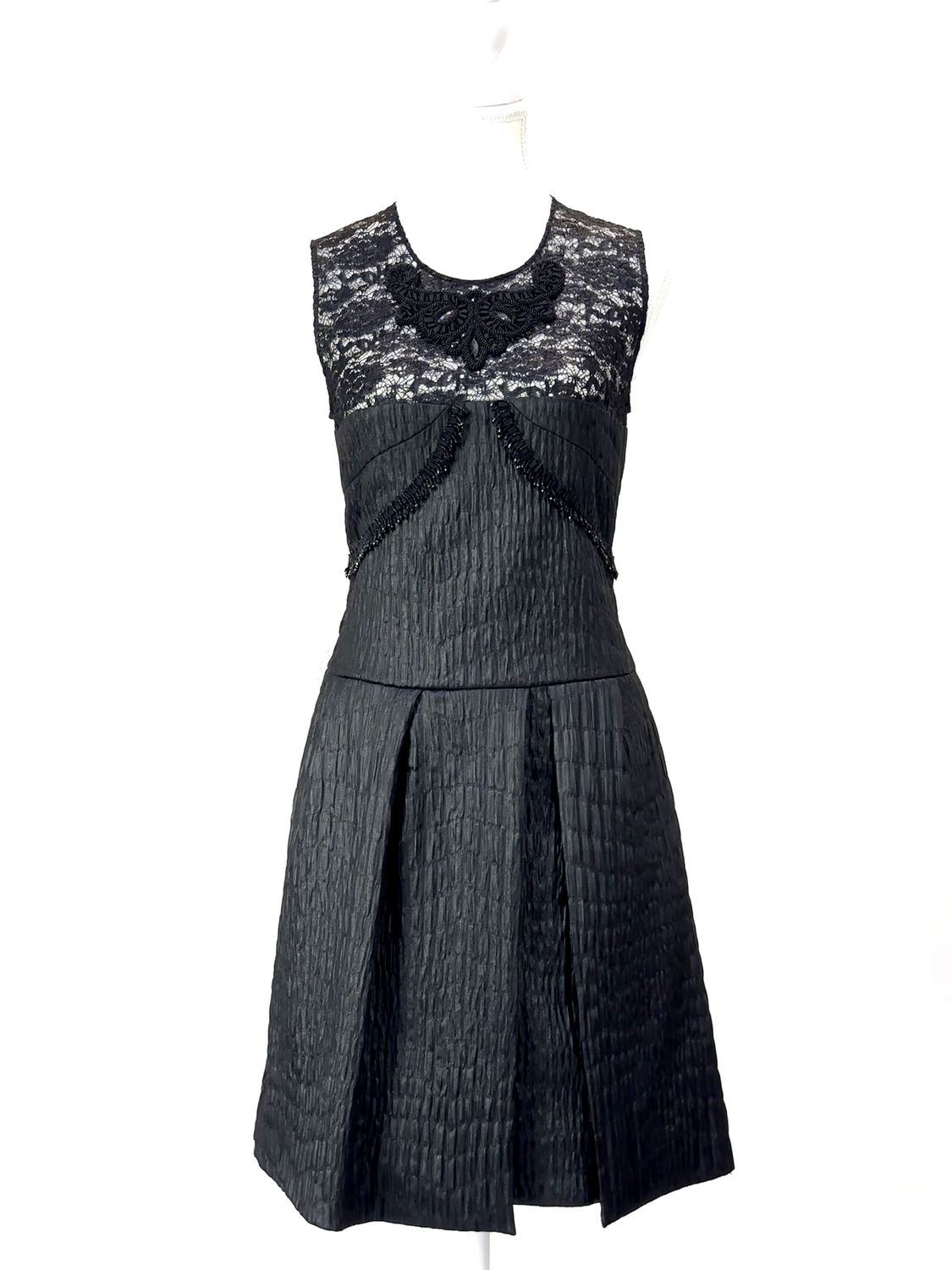 Clements Ribeiro, Black Beaded Textured Panel Pleated S/Less Dress, Size 10