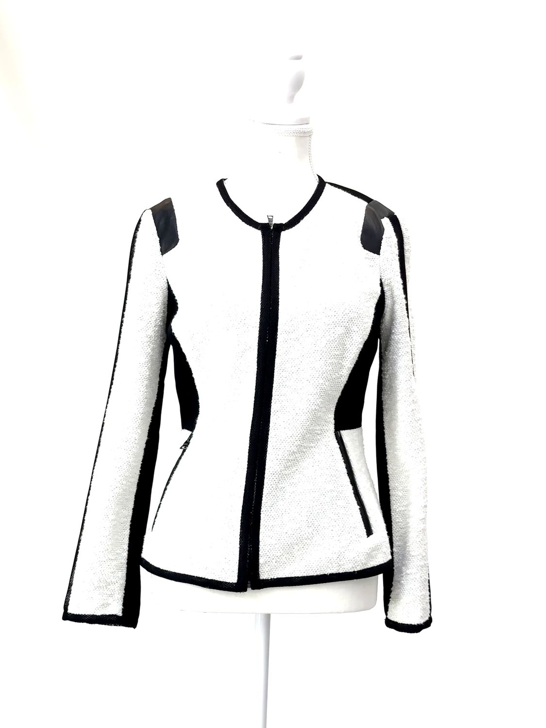 Rebecca Taylor, White/Black Textured Knit Mesh Panelled Zip Front  Jacket, Size US6