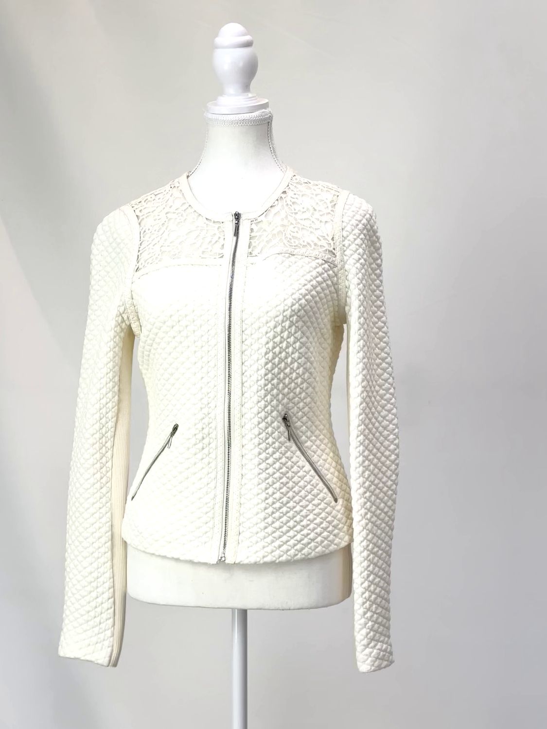 Rebecca Taylor, Cream Quilt Patterned Lace Inset Zip Jacket, Size US6