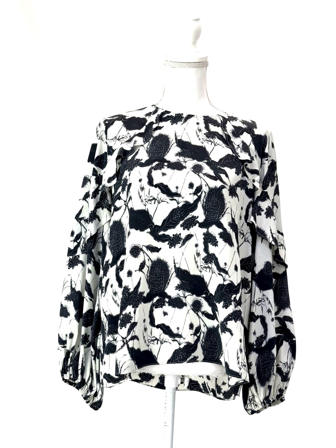 Husk, Stone/Black Print Frill Trims L/Slv Silk Blouse, Size 8