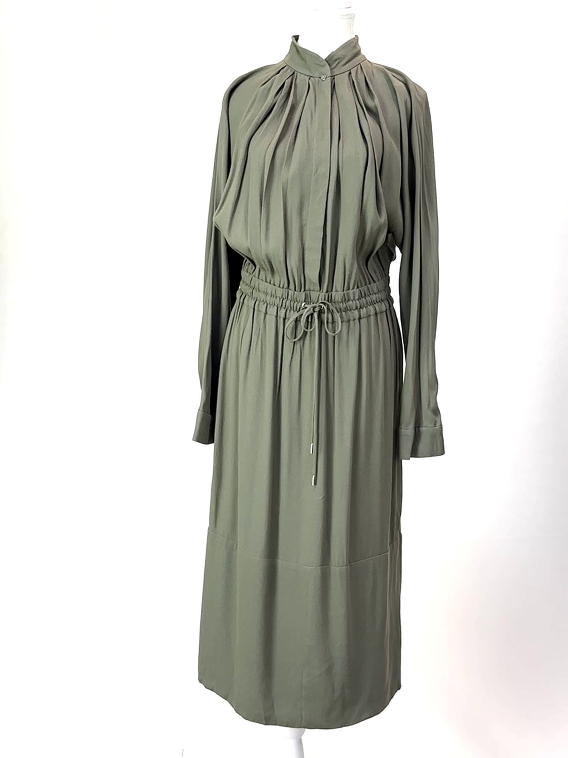 Willow, Khaki Green Button-Front Elasticated D/String Waist L/Slv Midi Dress, Size 10