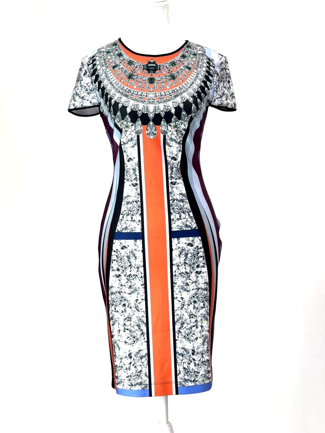 Clover Canyon, Purples/Black/Orange/Multi Linear Jewels Print Cap Slv Dress, Size S