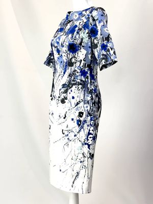 Lela Rose, Ivory/Blue Floral 1/2 Slv Midi Dress, Size US4