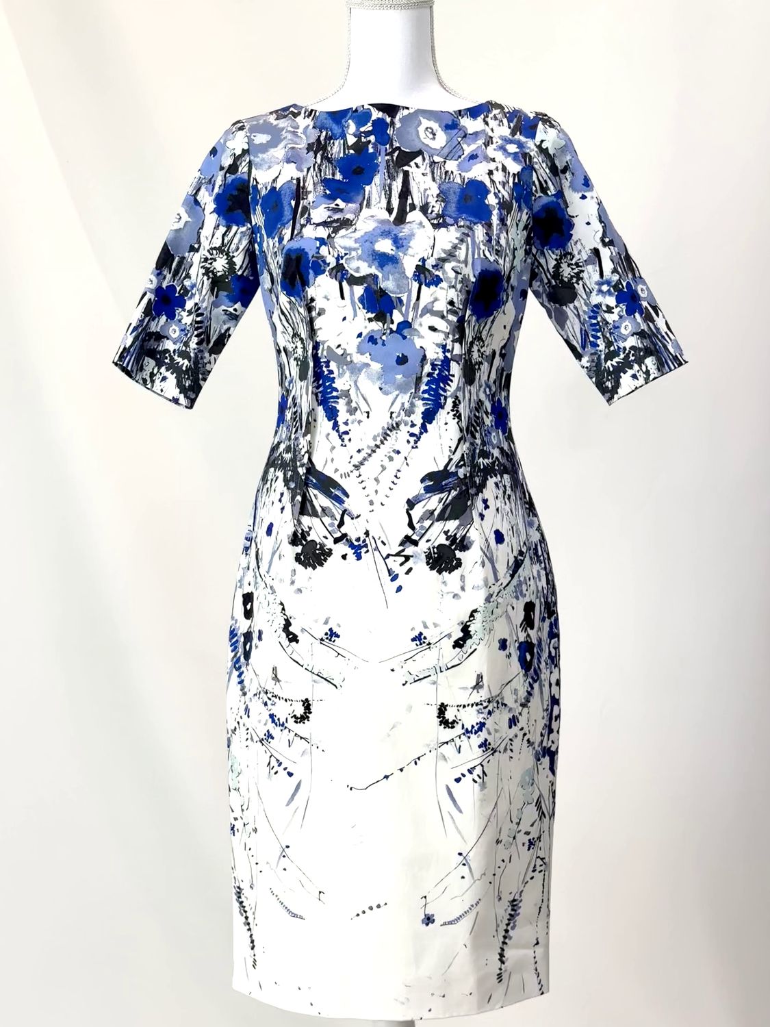 Lela Rose, Ivory/Blue Floral 1/2 Slv Midi Dress, Size US4