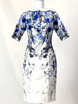 Lela Rose, Ivory/Blue Floral 1/2 Slv Midi Dress, Size US4