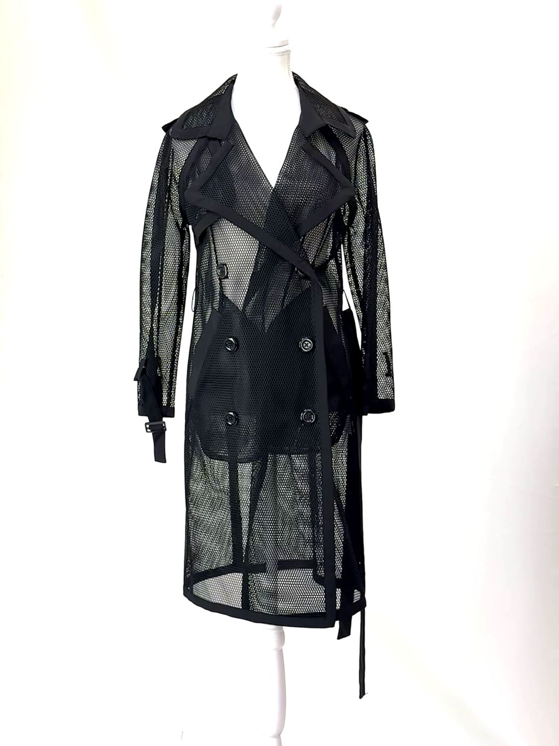 Soria Stradiotto Couture, Black Mesh Tie Belt Trenchcoat, Size 10