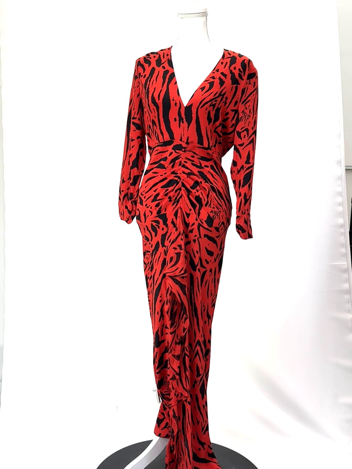 Rixo London, Red/Black Animal Print Ruched Silk L/Slv Midi Dress, Size M