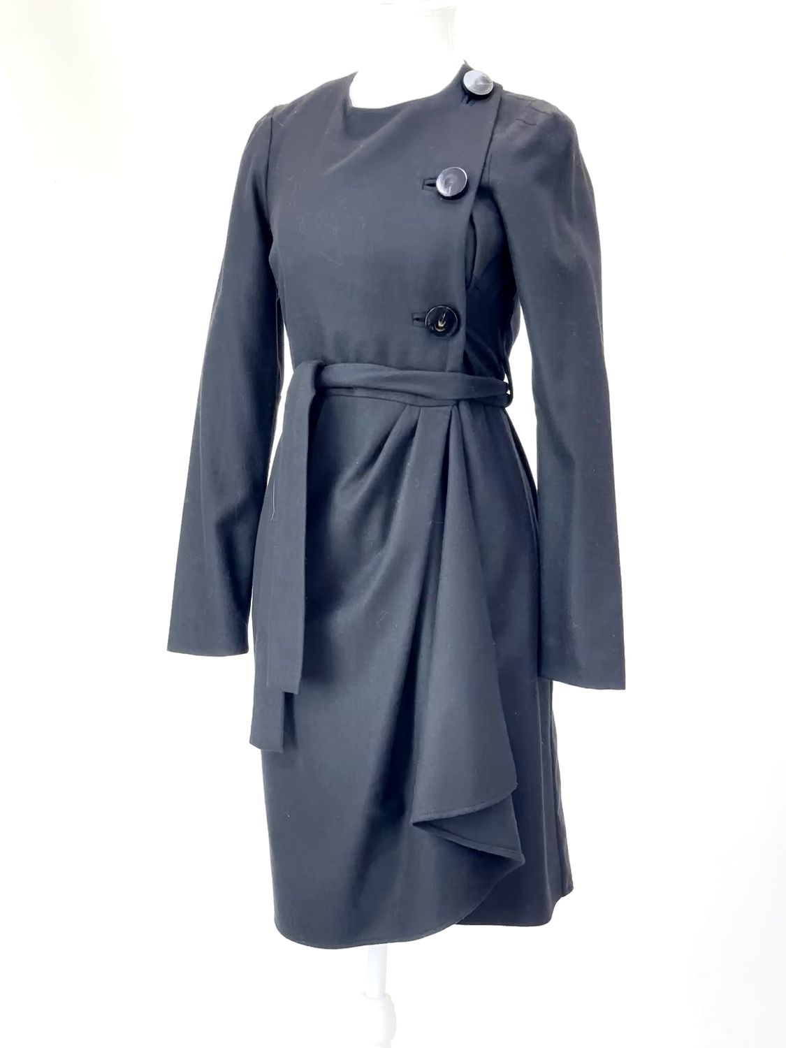 yeojin bae, Black Wrap Button Front Pleat Waist Wool Blend Coat/ Dress W/Tie Belt, Size 1