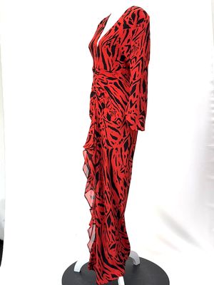 Rixo London, Red/Black Animal Print Ruched Silk L/Slv Midi Dress, Size M