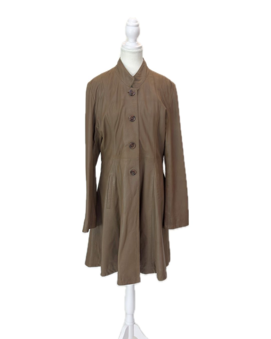 Nor Denmark, Brown Button-Front Panelled Flare Hem Leather  Coat W/Pleat Back Waist. Size 3