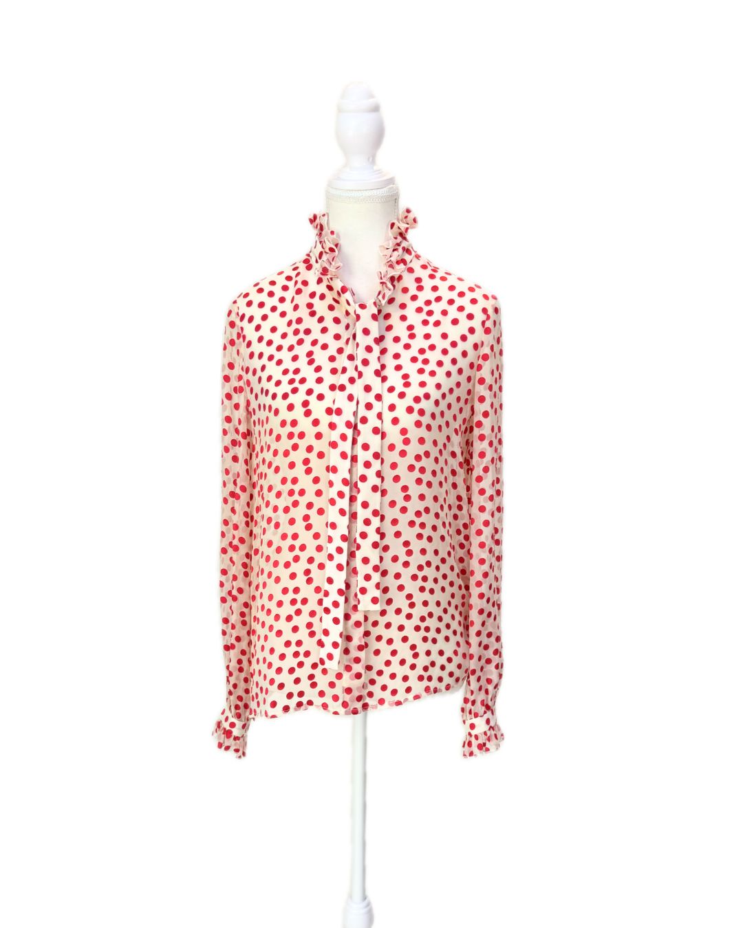 Saloni, Cream/Red Polka Dot Devore Frill Trims L/Slv Blouse. Size US4/UK8