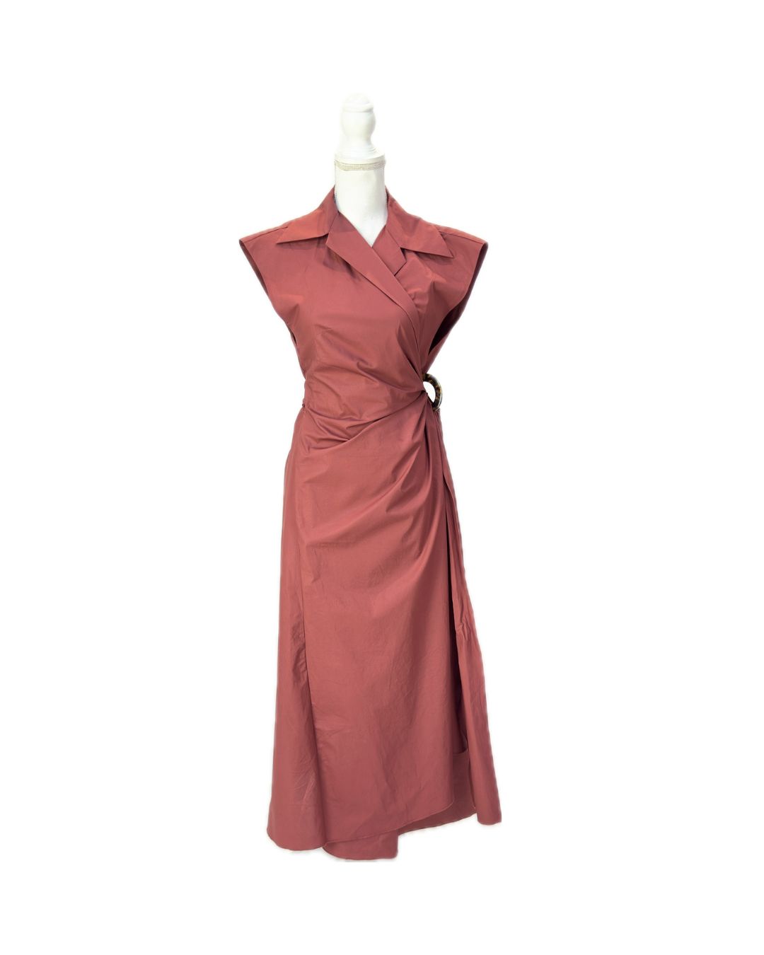 Scanlan Theodore, Rust Crossover Wrap Tortoiseshell Buckle Tie Waist S/Less Midi Dress . Size 10