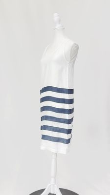 linen by the sea, White/Navy Stripe Hem Linen Strap Dress, Size S