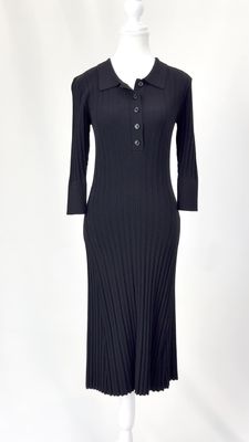Perri Cutten, Black Button-Neck Collar Viscose Crepe Rib Knit 3/4 Slv  Dress, Size XS