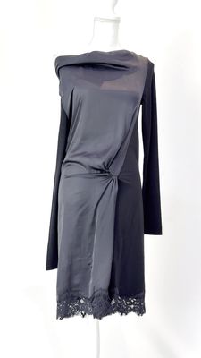 Twin Set, Black Cowl Neck Drape Pleat Waist Lace Hem L/Slv Dress, Size S