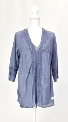 odd molly, Steel Blue V-Neck Crochet Pintuck 3/4 Slv Longline Tunic  Top, Size 1
