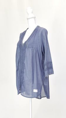 odd molly, Steel Blue V-Neck Crochet Pintuck 3/4 Slv Longline Tunic  Top, Size 1