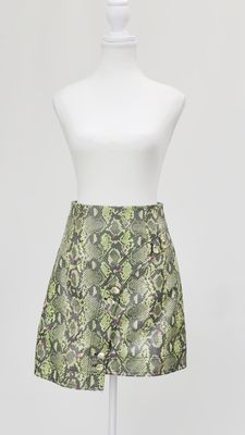 Aje, Green/Pink/Gold Button Button Asymmetrical Curved Panel Reptile Print Pu Mini Skirt, Size 8