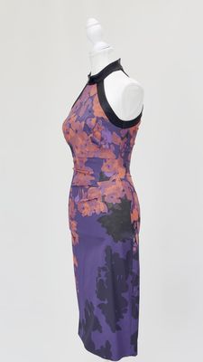 Karen Millen, Purple/Red/Black Print Halter Neckline Midi Dress, Size US6