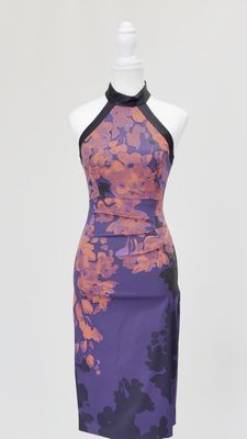 Karen Millen, Purple/Red/Black Print Halter Neckline Midi Dress, Size US6