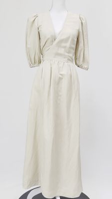 Significant Other, Pale Yellow Crossover Wrap Tie Waist Linen Blend Puff 1/2 Slv Midi Dress, Size 6