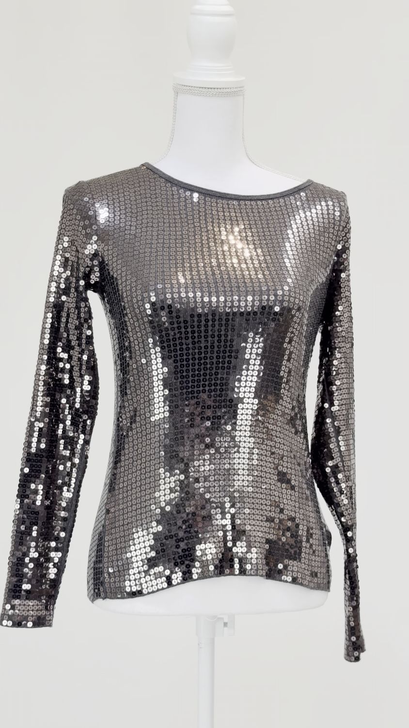 Michael Kors, Grey Sequin Embellished L/Lsv Rib Top, Size XS