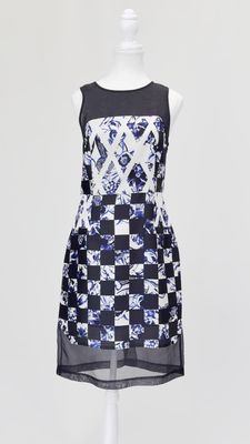 tibi, White/Black/Blue Geometric Floral Print Silk S/Less  Dress, Size US6