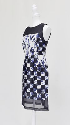 tibi, White/Black/Blue Geometric Floral Print Silk S/Less  Dress, Size US6