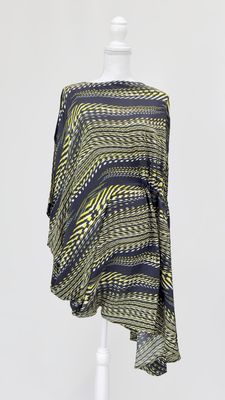 Arthur Galan AG, Black/Yellow/White Print Asymmetrical Kaftan S/Less Silk Dress, Size 8