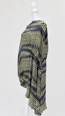 Arthur Galan AG, Black/Yellow/White Print Asymmetrical Kaftan S/Less Silk Dress, Size 8