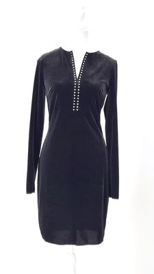 Wolford, Black Crystal Trimmed Slit Neckline Velour L/Slv  Dress, Size US4/UK6