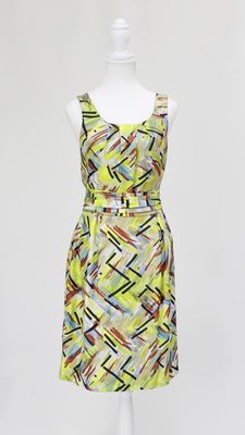 Lisa Ho, Yellow/Aqua/Multi Print Pleat Neckline + Waist Silk S/Less Dress, Size 8