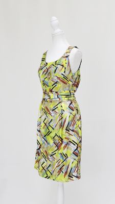 Lisa Ho, Yellow/Aqua/Multi Print Pleat Neckline + Waist Silk S/Less Dress, Size 8