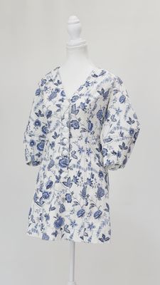 Derek Lam, White/Blue Floral Button-Front Puff 3/4 Slv Dress, Size 0