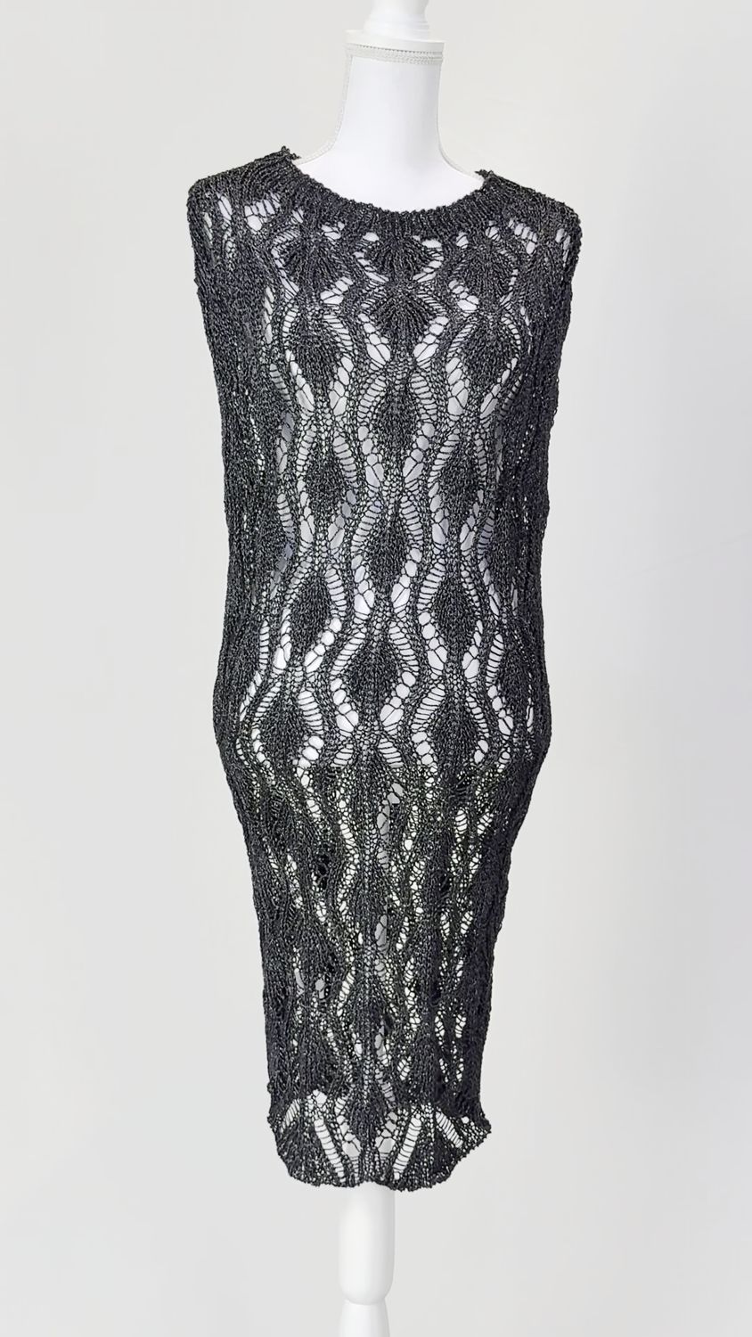 mario, Charcoal Shimmer Open Crochet Viscose Knit S/Less Dress, Size M