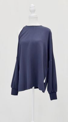 Tibi, Navy Asymmetrical Slit Bare Shoulder L/Slv Top, Size M