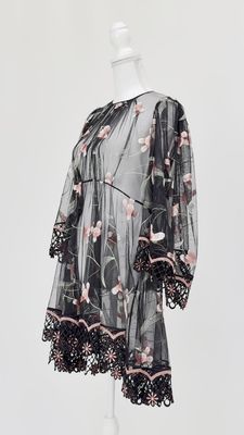 Alice McCall, Black/Orange Floral Embroid. Tulle Mesh Wide L/Slv Full Hem Dress, Size 10