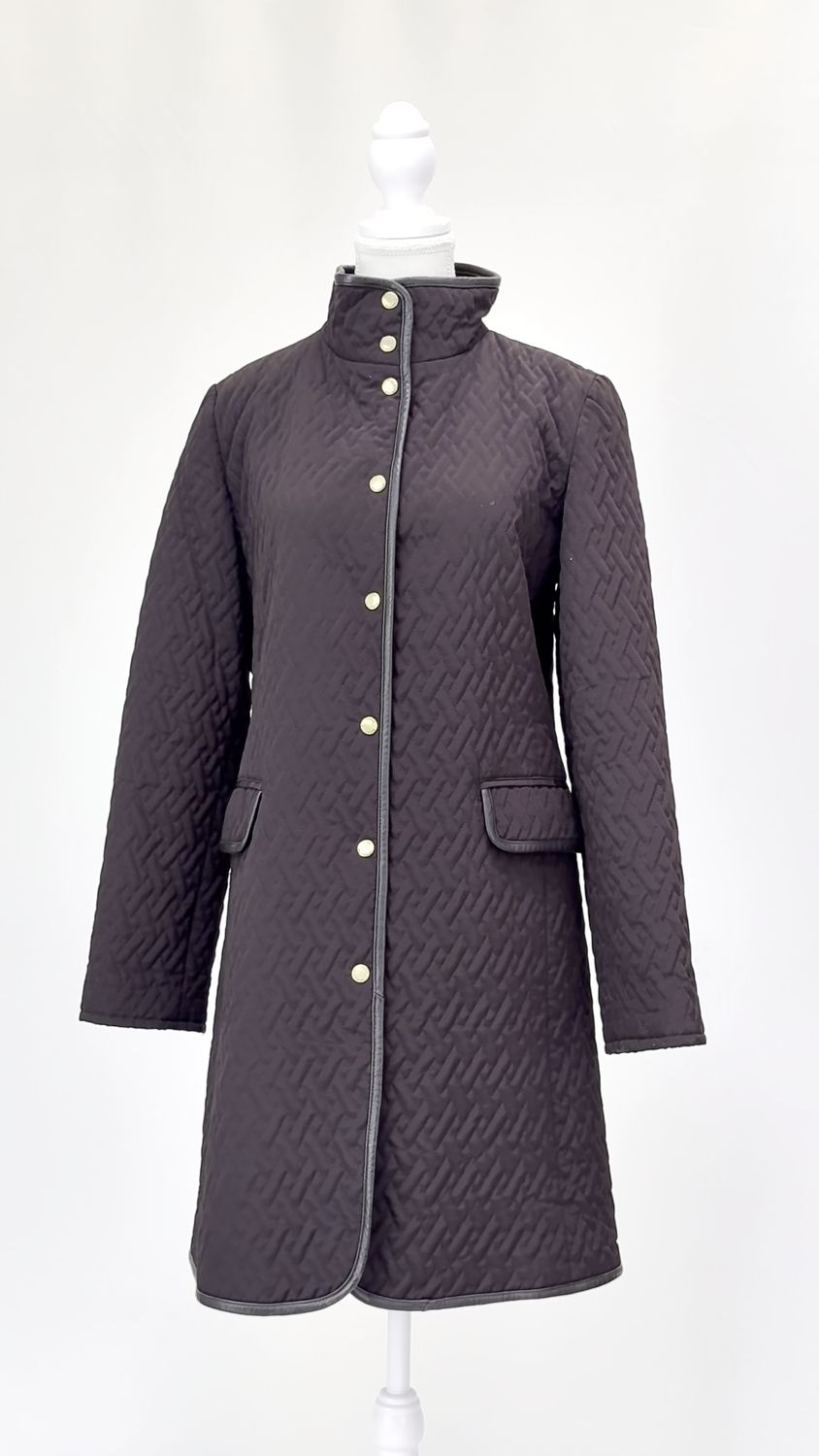 Dana Buchman, Chocolate Quilted Snapstud Button Front Leather Trim Coat, Size S