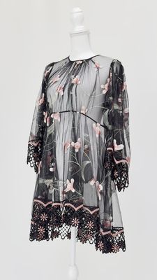 Alice McCall, Black/Orange Floral Embroid. Tulle Mesh Wide L/Slv Full Hem Dress, Size 10