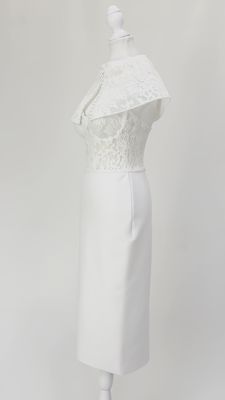 Capellazzo, White Lace/Neoprene Strappy Midi  Dress W/Button Cape, Size 0