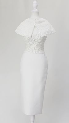 Capellazzo, White Lace/Neoprene Strappy Midi  Dress W/Button Cape, Size 0