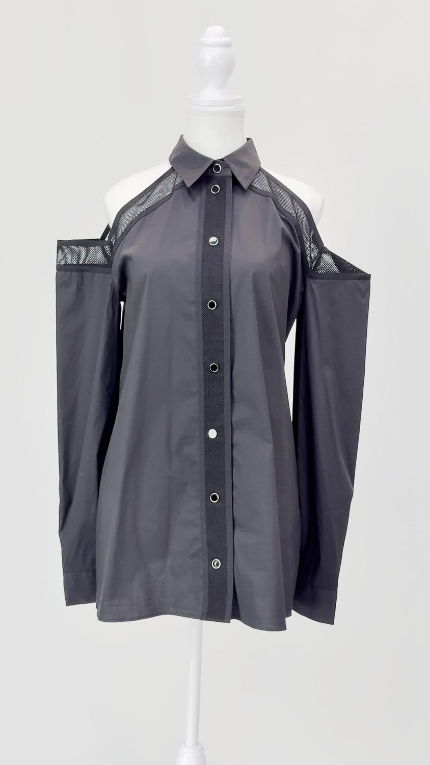 Just Cavalli, Black Mesh Trims Snapstud Button Front Bare Shoulder L/Lsv Longline Shirt, Size 46