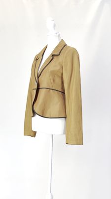 Anna Thomas, Cinnamon/Chocholate Contrast Trims One Button-Up Linen Blend Blazer, Size 10