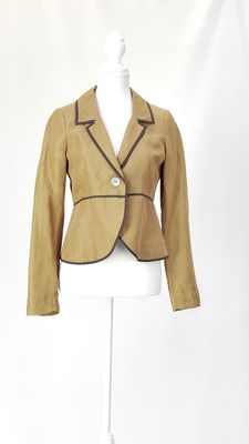 Anna Thomas, Cinnamon/Chocholate Contrast Trims One Button-Up Linen Blend Blazer, Size 10