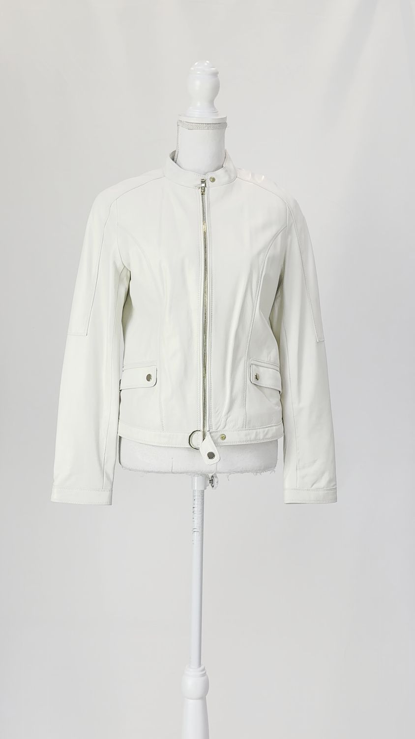 DKNY, Ivory Zip-Front Biker Leather Jacket, Size M